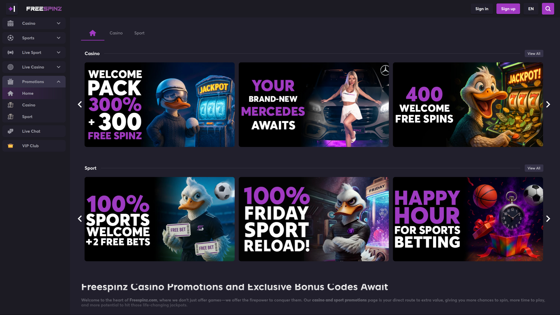 Promozioni desktop di Freespinz Casino