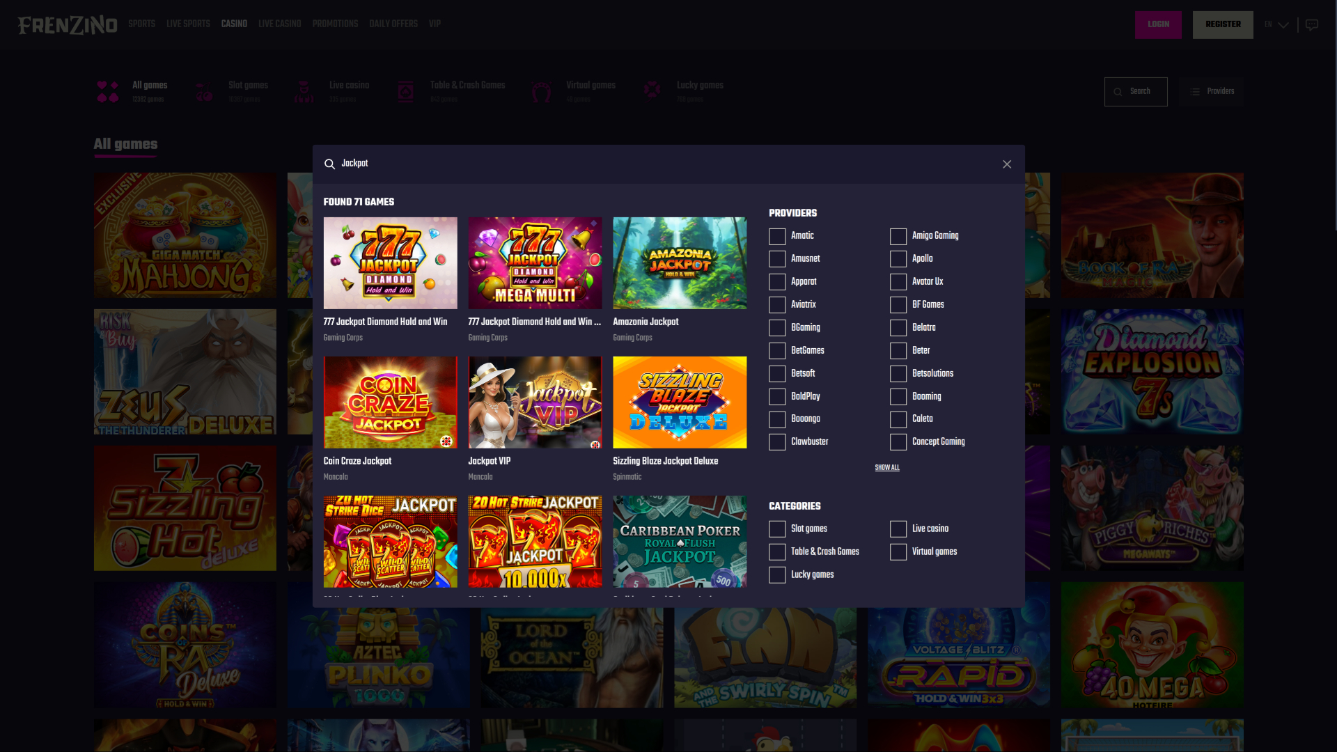 Джекпот на рабочем столе казино Frenzino