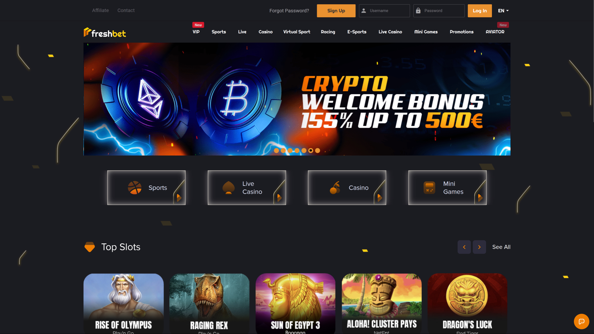 Page d'accueil du casino Fresh Bet pour ordinateur