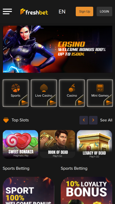 Page d'accueil mobile de Fresh Bet Casino