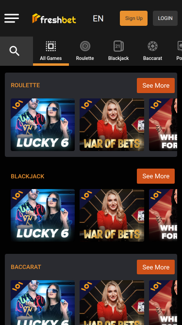 Casino mobile Fresh Bet avec croupier en direct