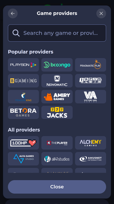 Page mobile des développeurs de jeux de casino FridayRoll