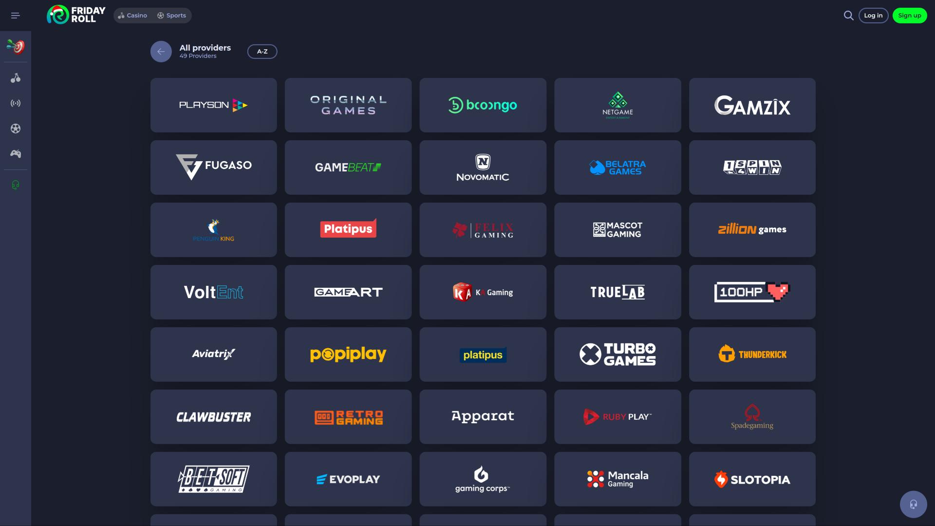 Seite der Spieleentwickler von FridayRoll Casino