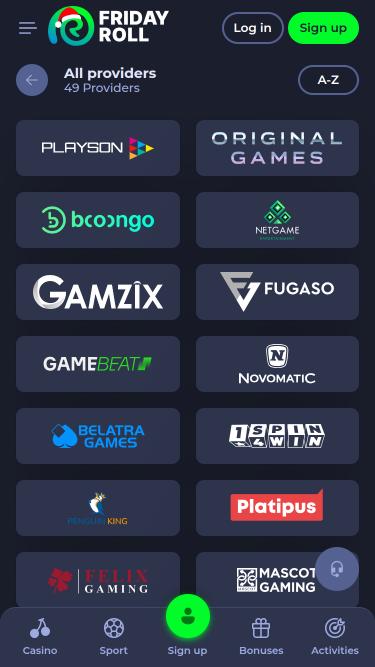 Mobile-Seite der FridayRoll Casino-Spieleentwickler