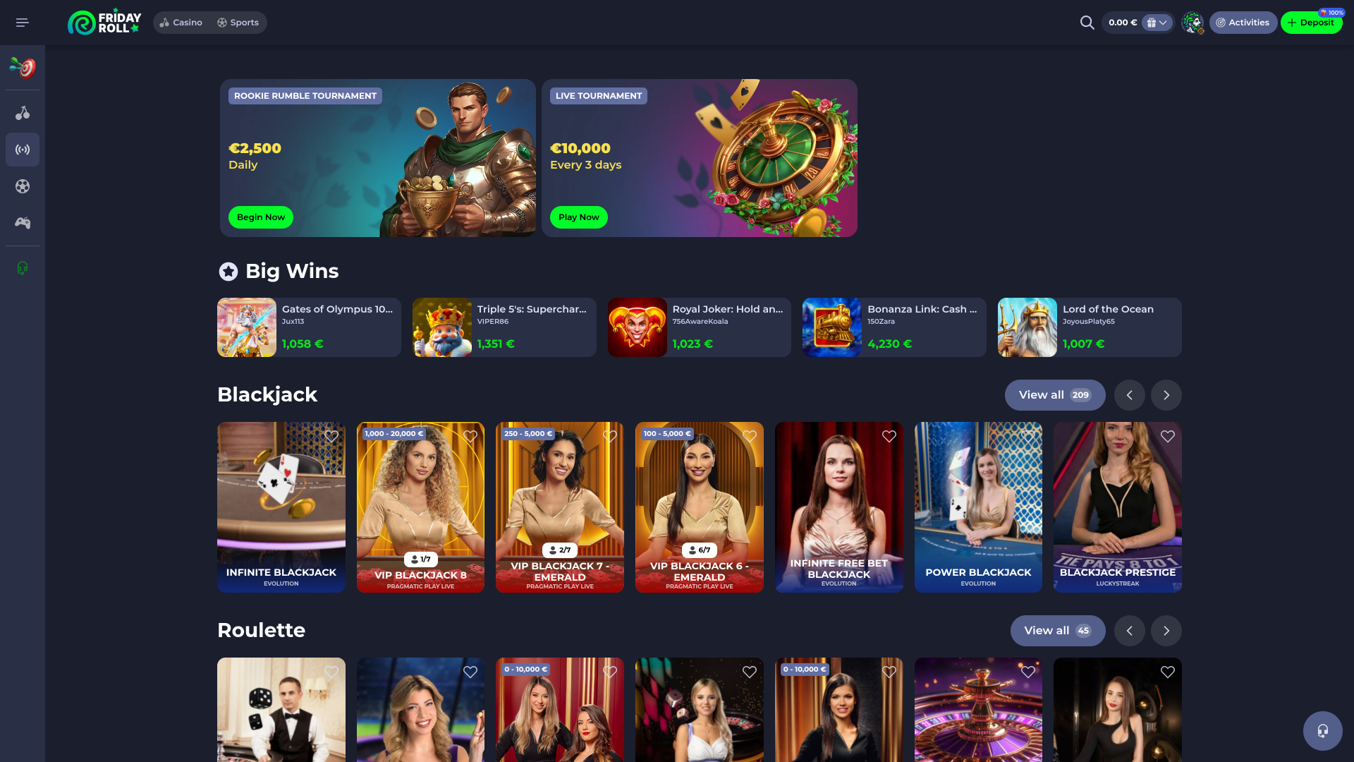 Page de croupier en direct du casino FridayRoll ordinateur de bureau