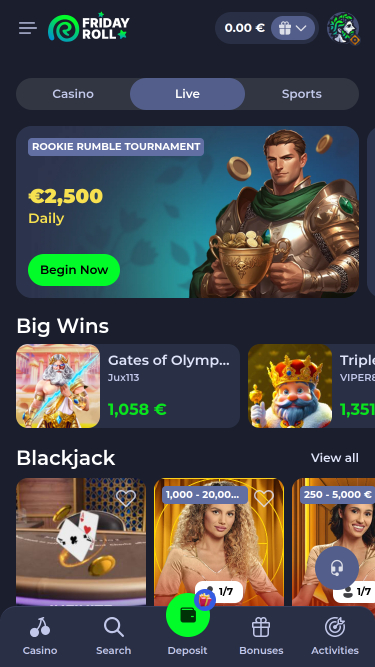 Page mobile des croupiers en direct du casino FridayRoll
