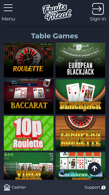 Juegos de mesa móviles de Fruits 4 Real Casino