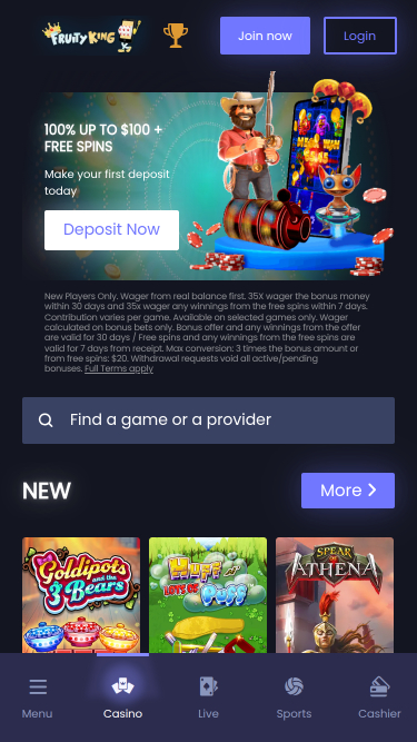 Page d'accueil mobile du casino Fruity King