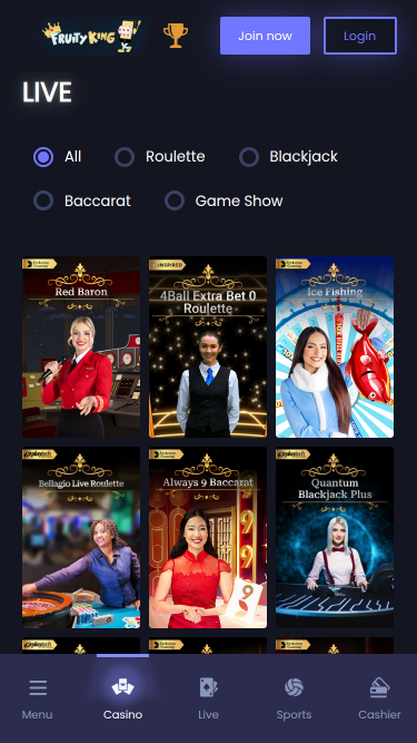 Croupier en direct sur mobile du casino Fruity King