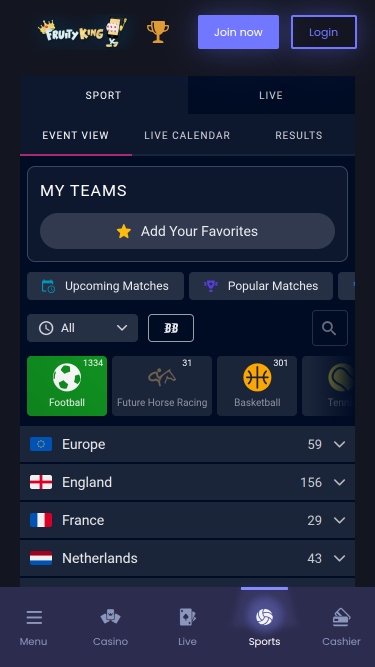 Sports mobiles du casino Fruity King