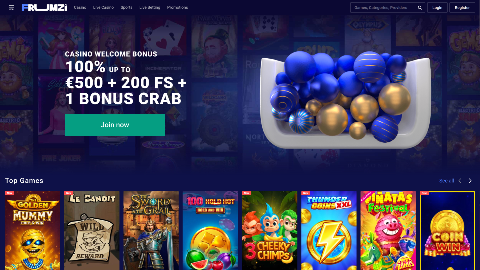 Homepage desktop del casinò Frumzi