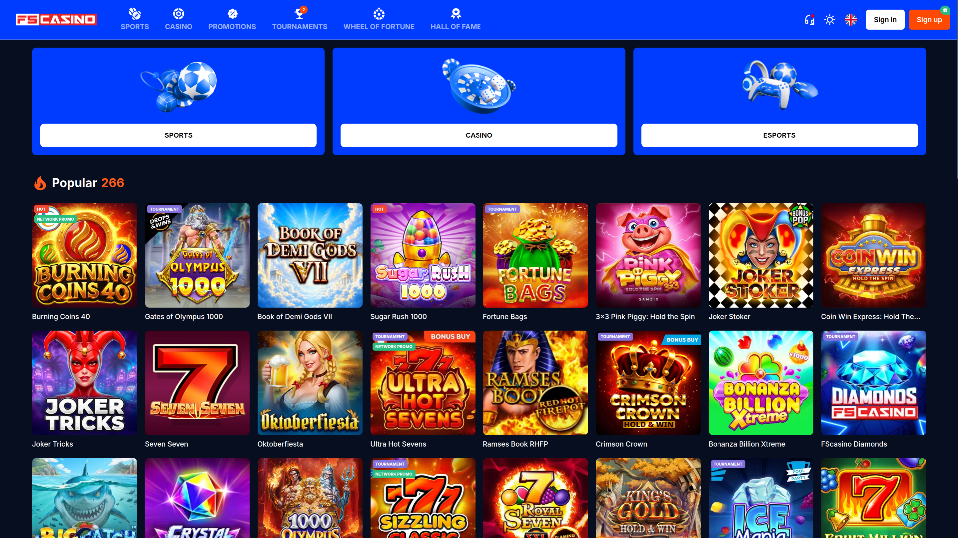 Página inicial do FS Casino para computador