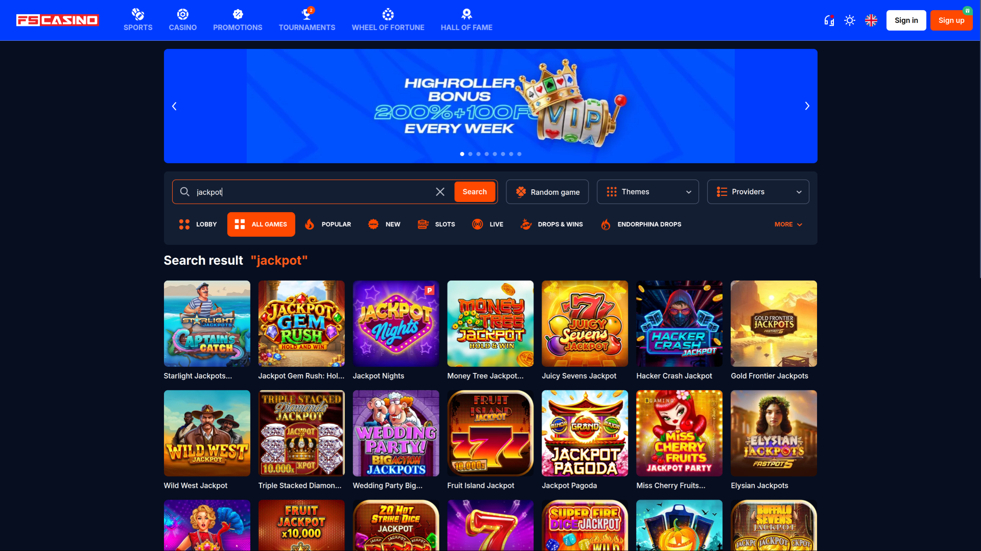 Jackpot do FS Casino para Desktop