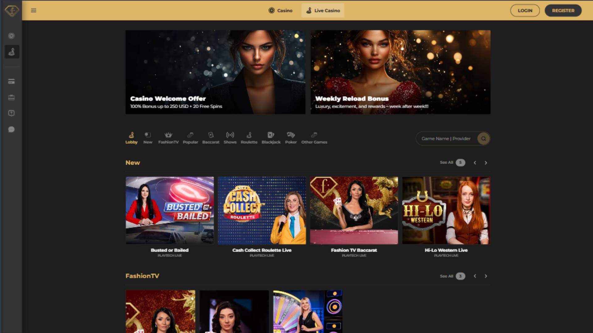 Live page screenshot of FTVClub Casino