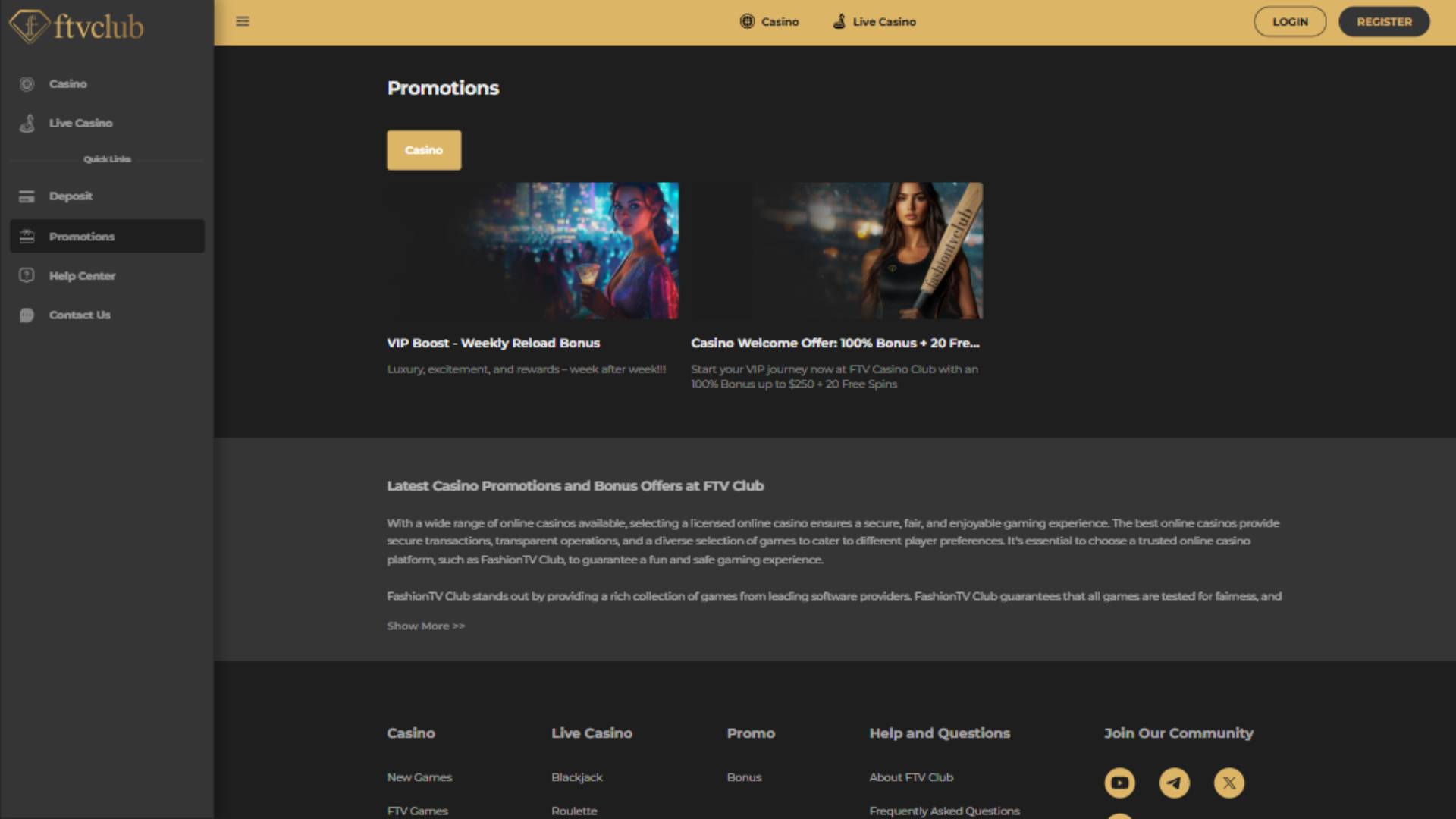 Promotions page screenshot of FTVClub Casino