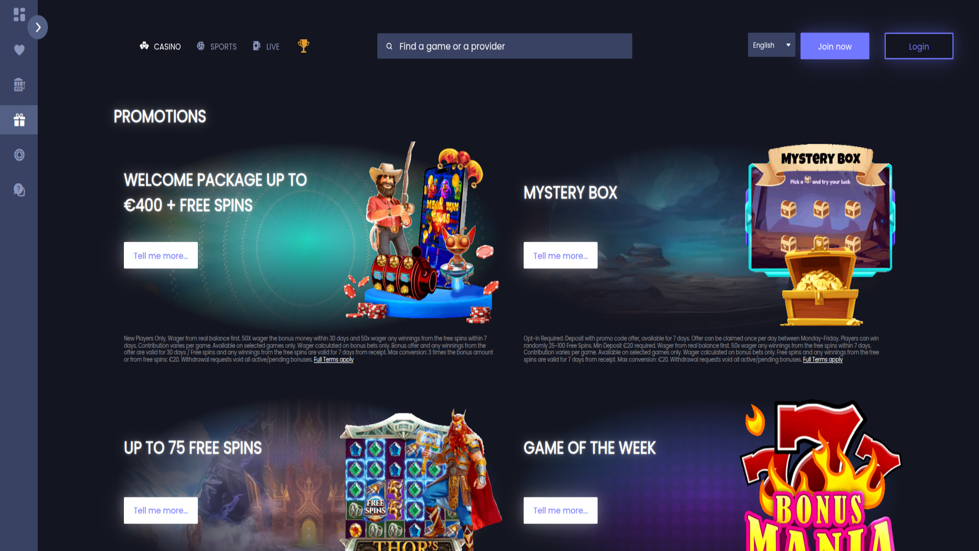 Capture d'écran des promotions du casino FunkyJackpot pour ordinateur de bureau