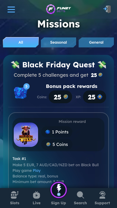 Missioni per dispositivi mobili del casinò FunzyBets