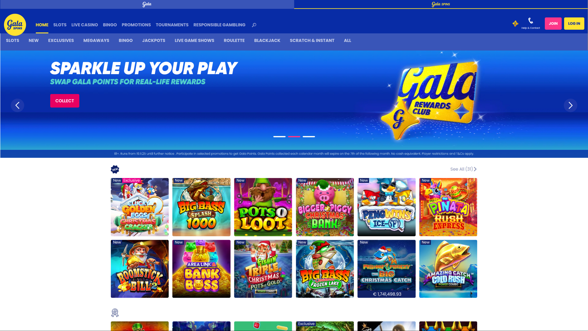 Page d'accueil de Gala Bingo pour ordinateur