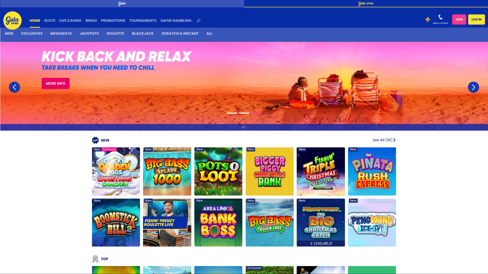Page d'accueil de Gala Spins Desktop