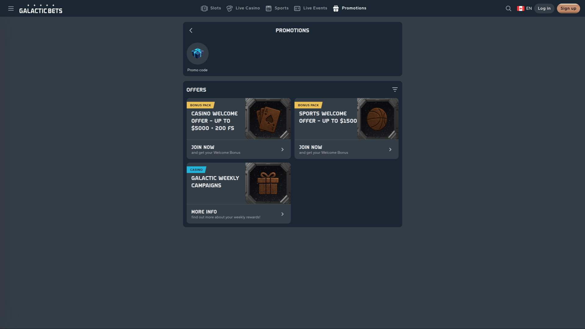 Promotions sur ordinateur du casino Galactic Bets