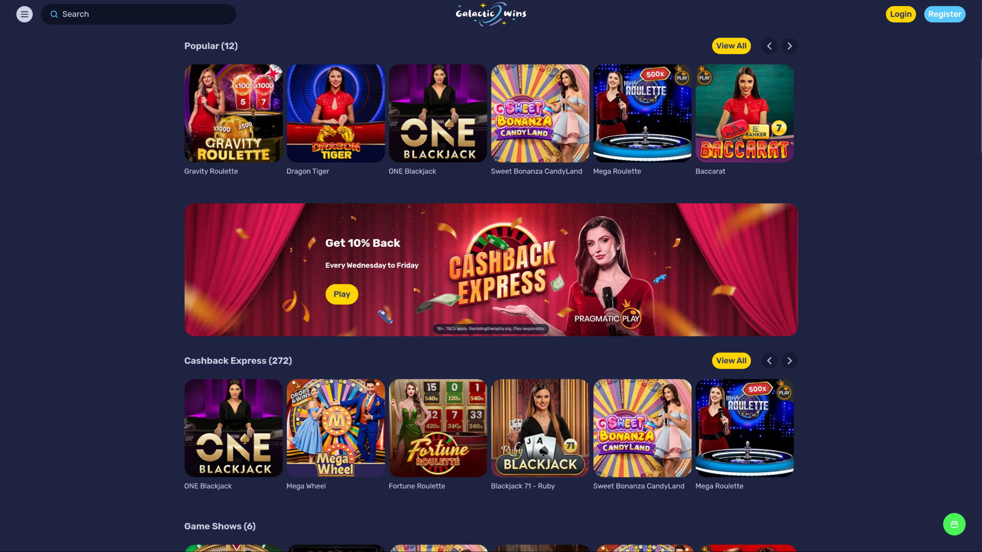 Casino Galactic Wins con crupier en vivo de escritorio