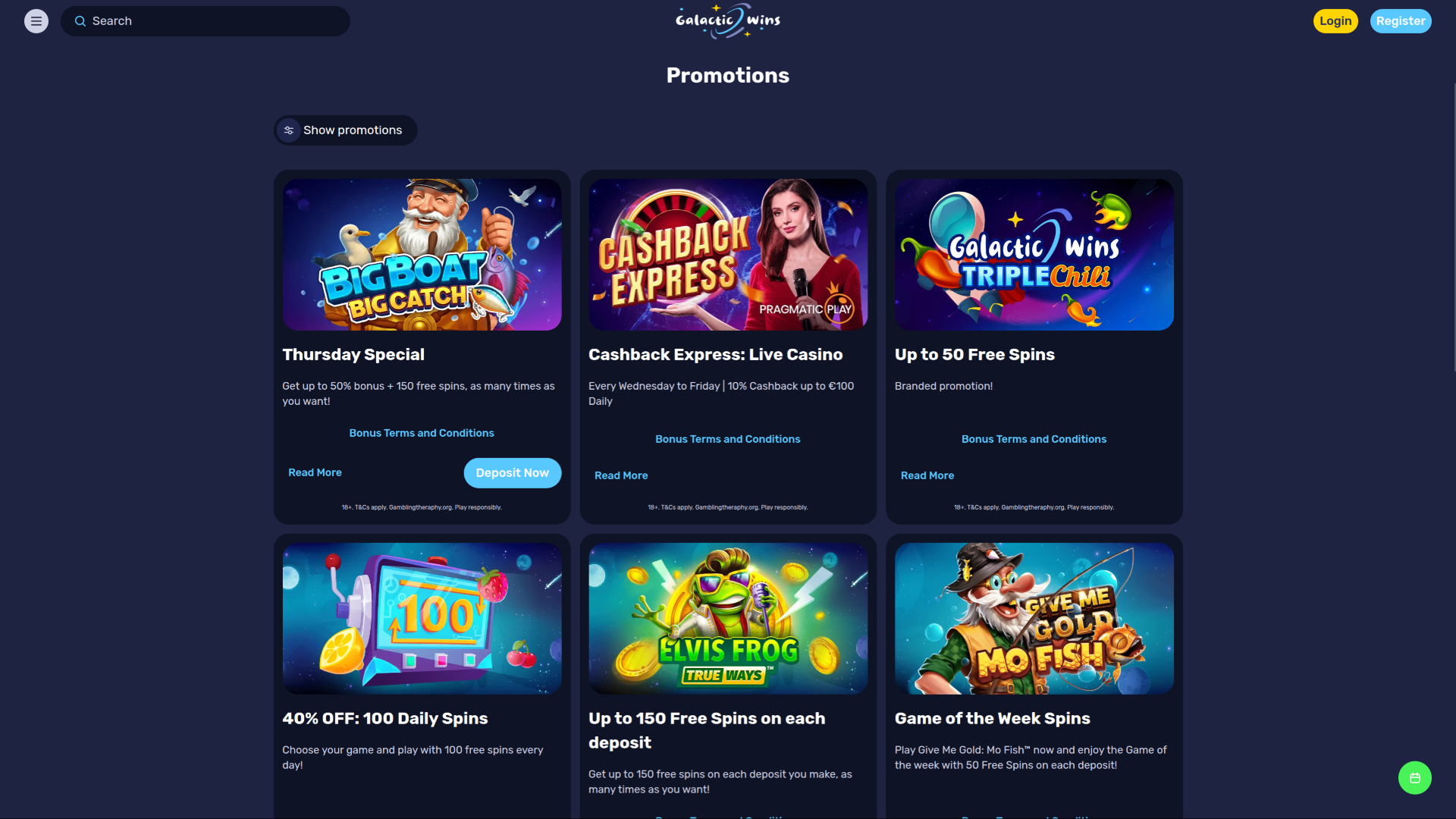 Promociones de escritorio del casino Galactic Wins