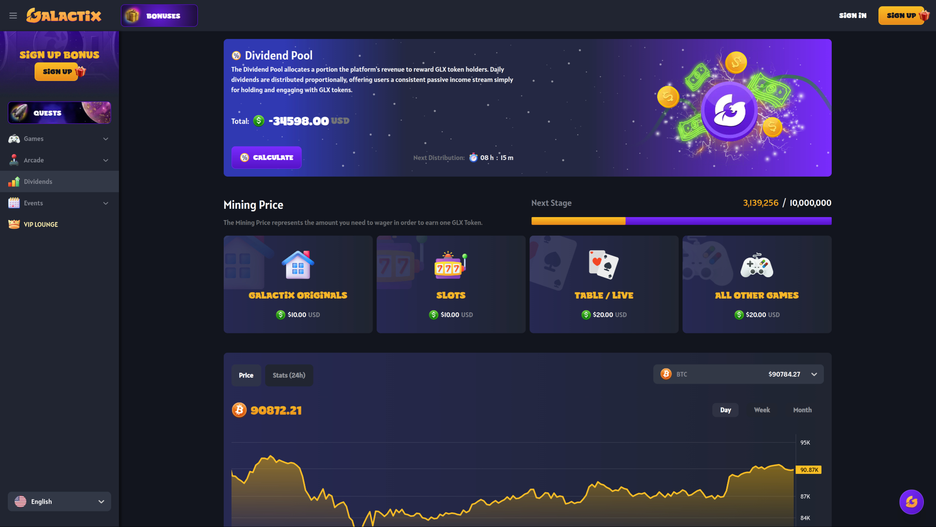 Galactix Casino Desktop Dividend Pool