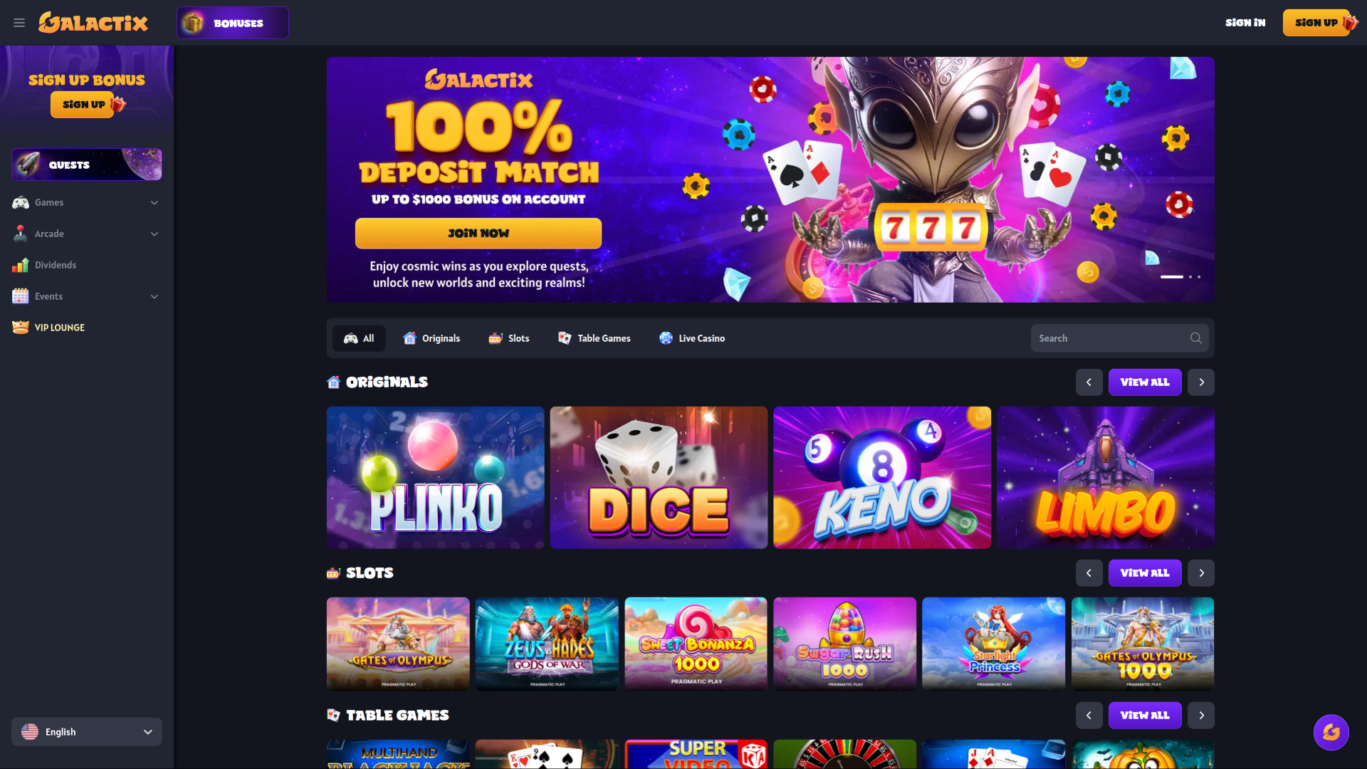 Page d'accueil du casino Galactix pour ordinateur