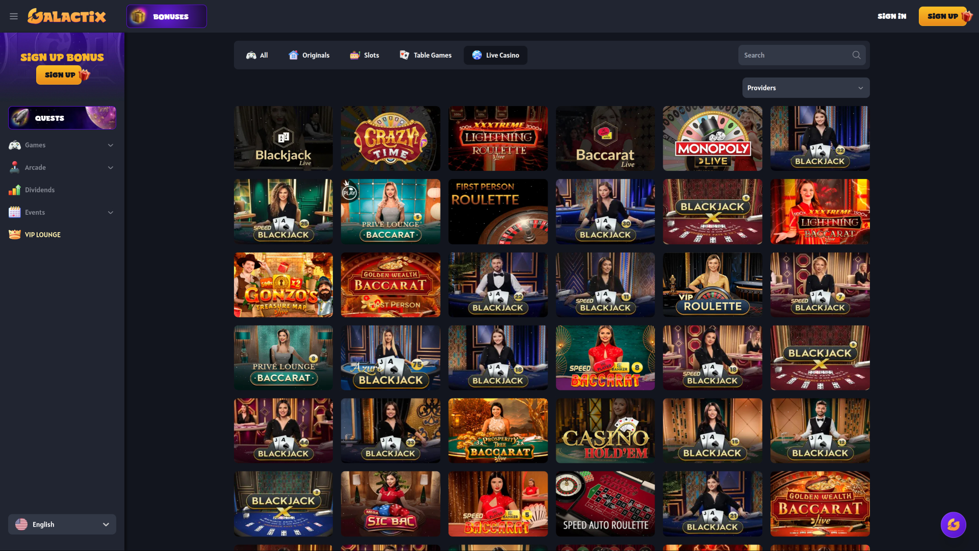 Galactix Casino sur ordinateur avec croupier en direct
