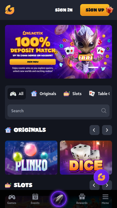 Page d'accueil mobile du casino Galactix