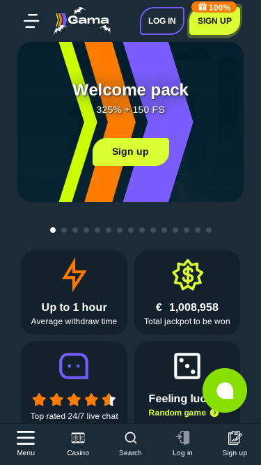 Page d'accueil mobile de Gama Casino