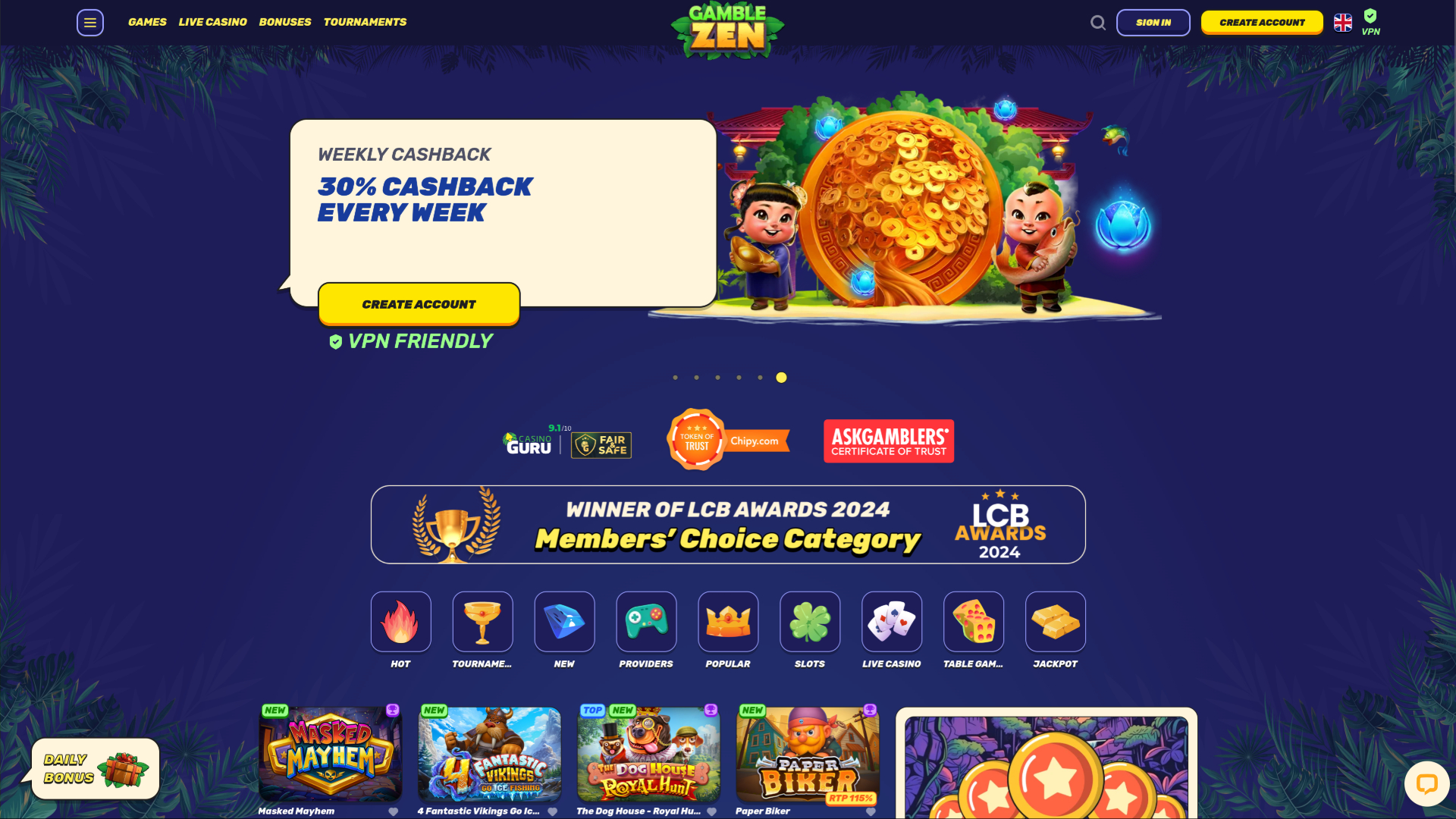 Pagina iniziale desktop di GambleZen