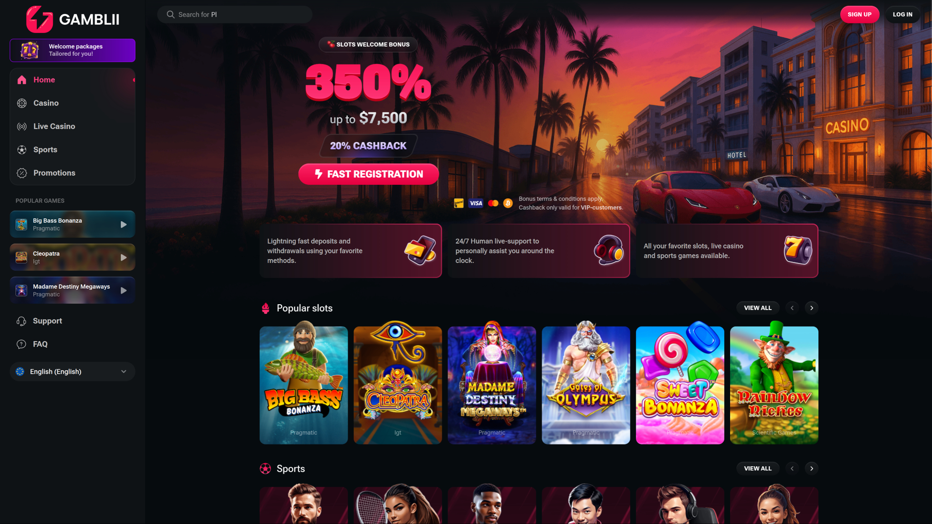 Página de inicio de escritorio del Casino Gamblii