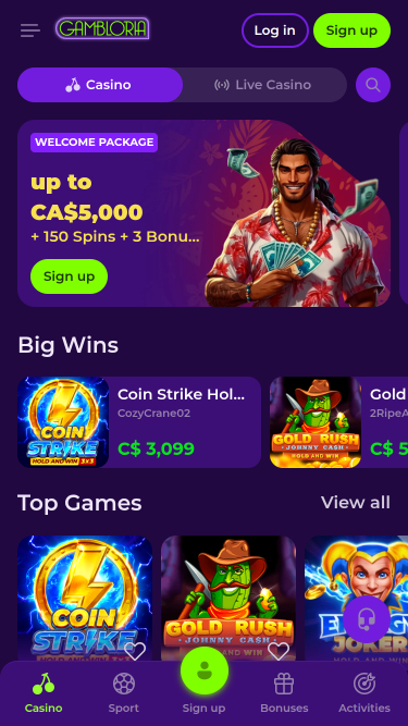 Gambloria Casino Mobile Homepage