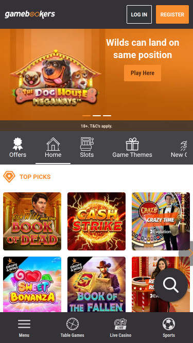 Homepage di Gamebookers Mobile