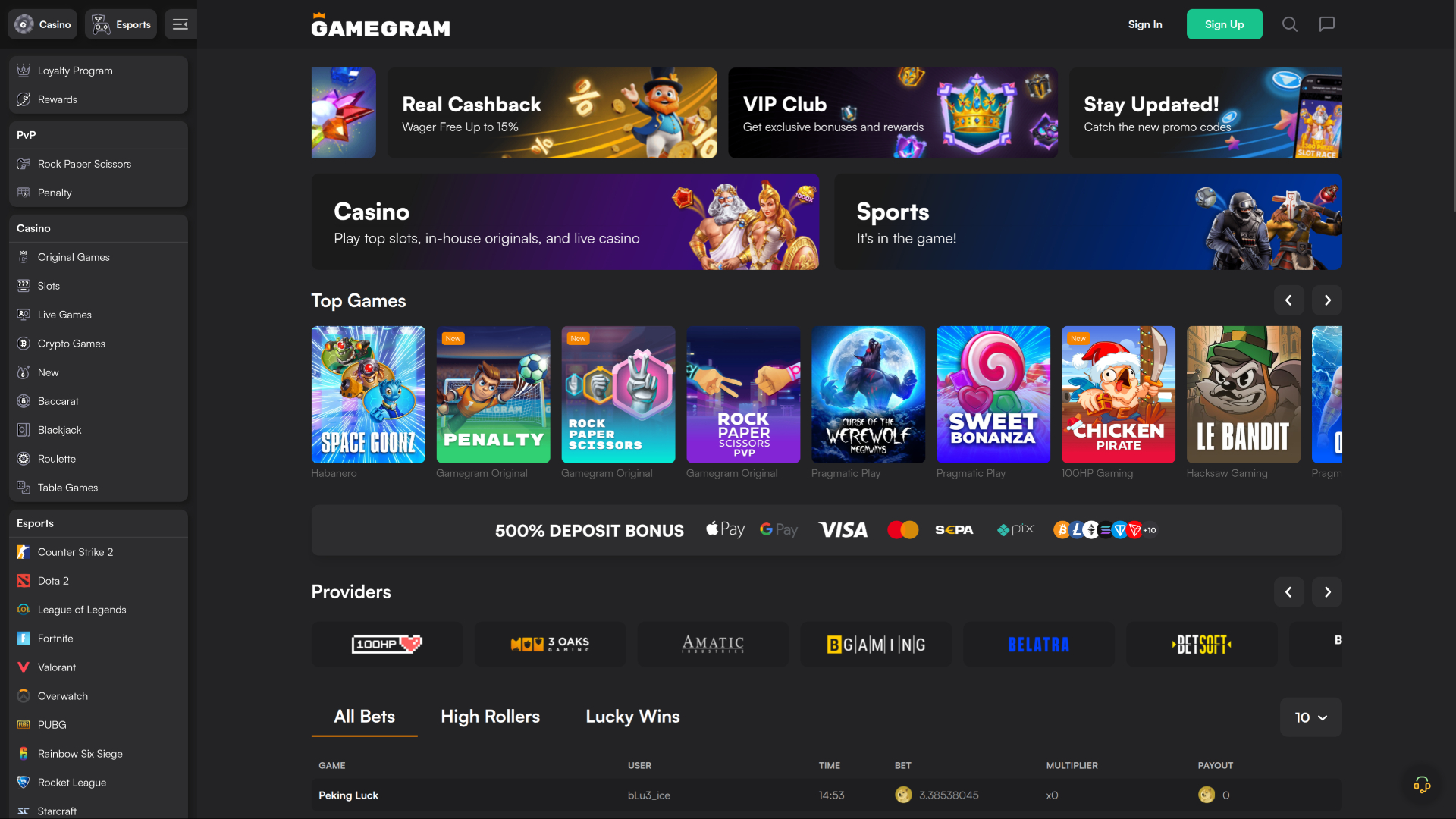 Gamegram Casino Desktop Homepage