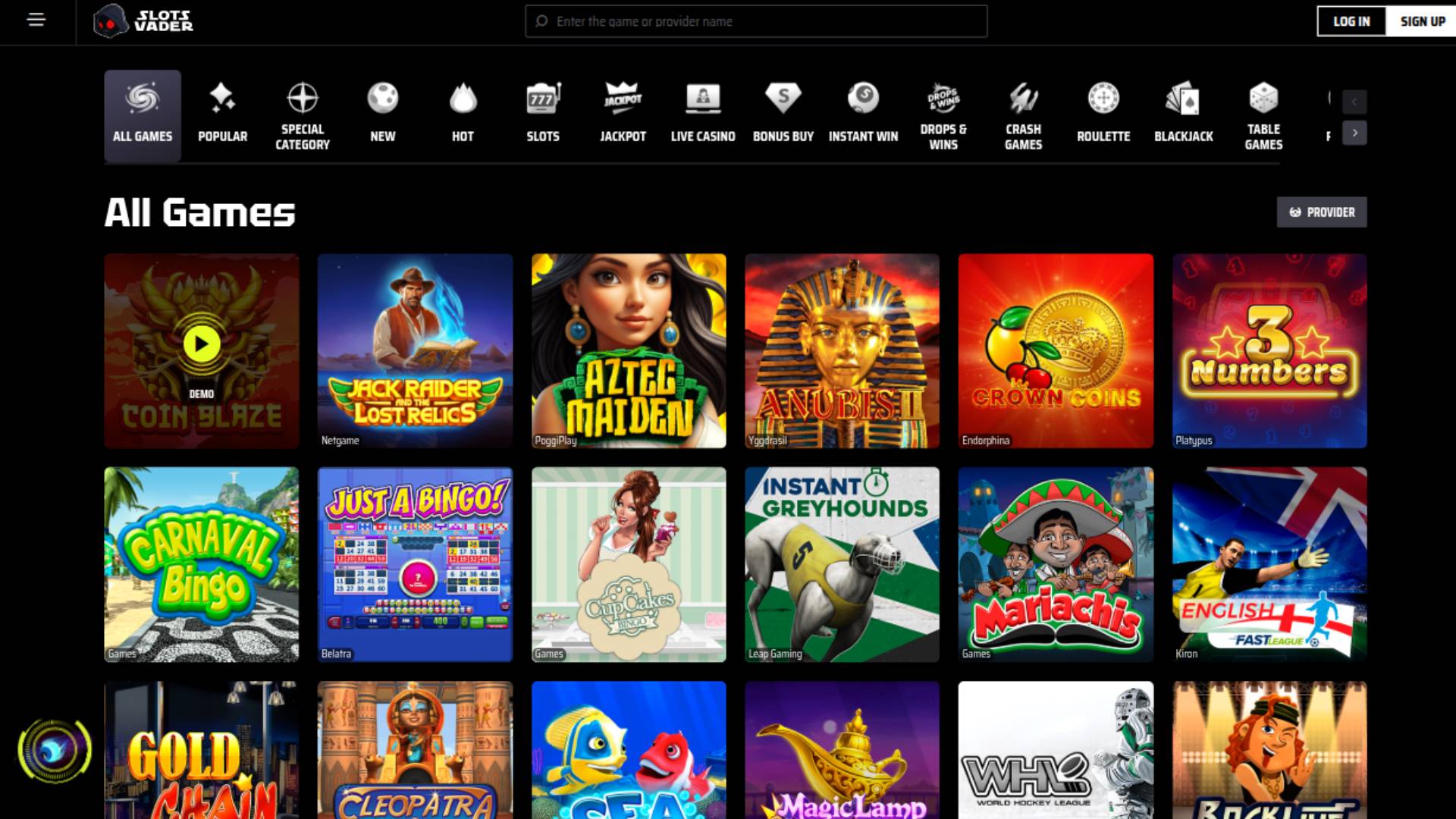 Capture d'écran de la page Jeux du casino SlotsVader 