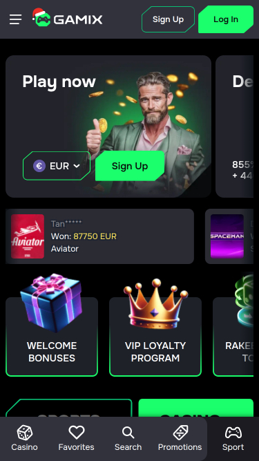 Page d'accueil mobile de Gamix Casino