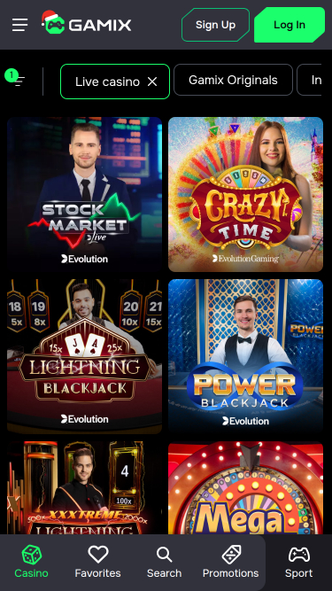 Casino mobile Gamix avec croupier en direct