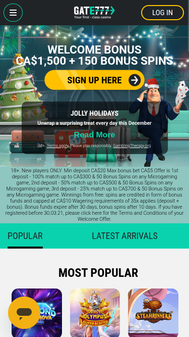 Page d'accueil mobile du casino Gate 777