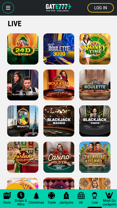 Casino mobile Gate 777 avec croupier en direct