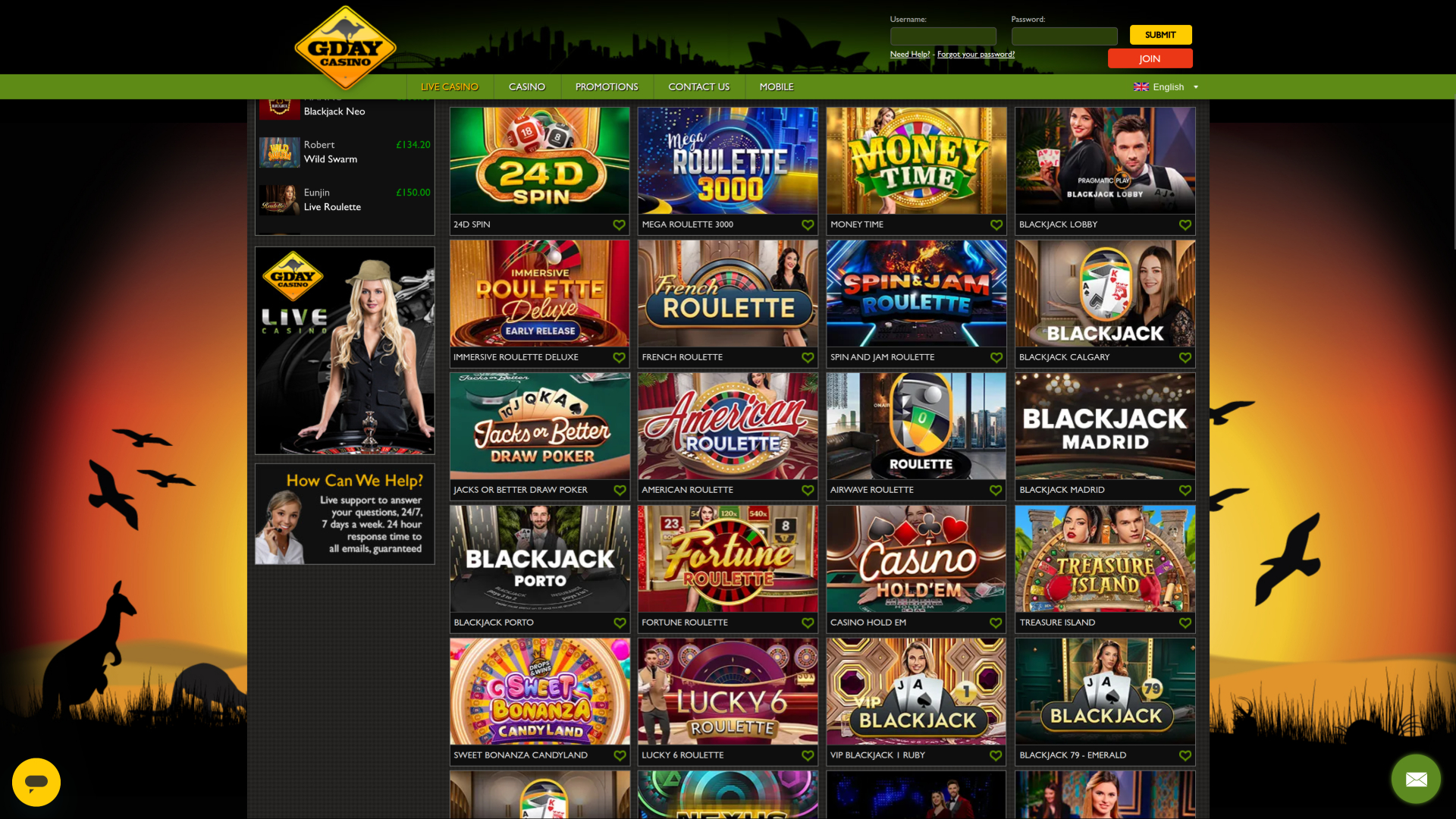 Gday Casino sur ordinateur avec croupier en direct