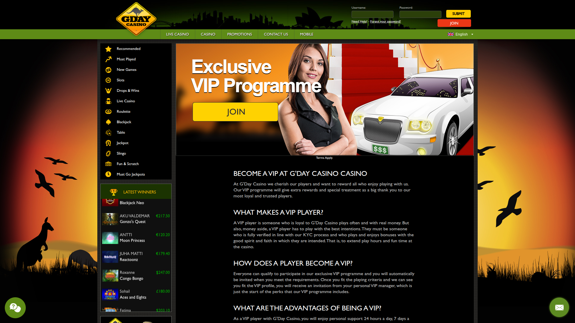 Programme VIP de bureau du Gday Casino