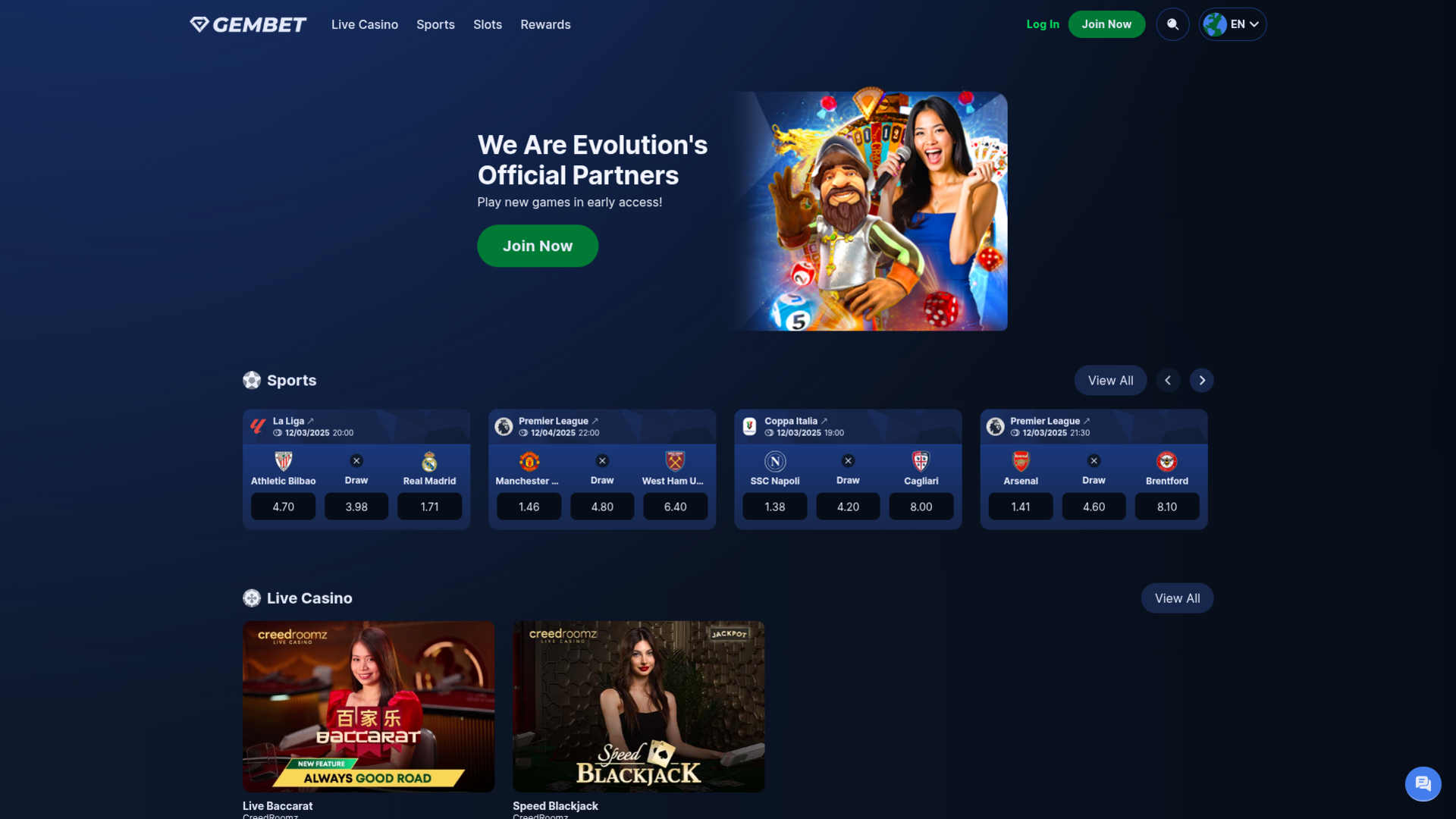 Homepage desktop di GemBet