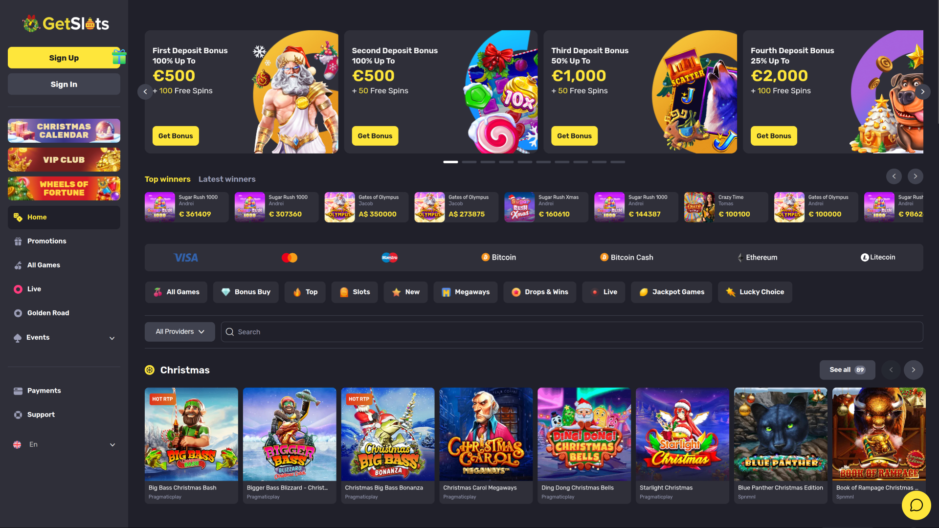 Page d'accueil du casino GetSlots pour ordinateur