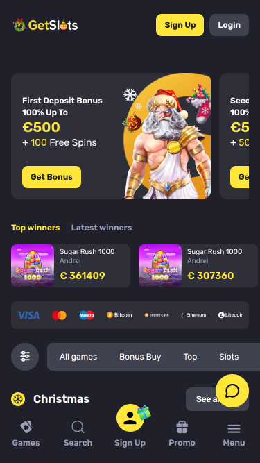 Page d'accueil mobile du casino GetSlots