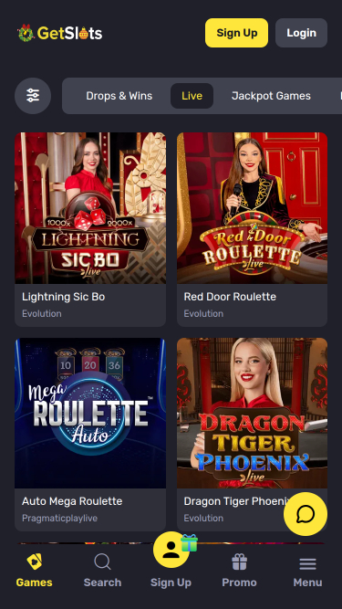 Casino mobile GetSlots avec croupier en direct