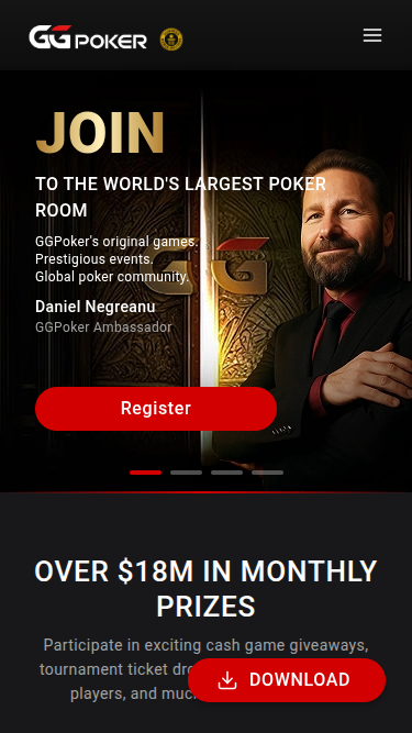 Capture d'écran de la page d'accueil du casino GGpoker pour mobile