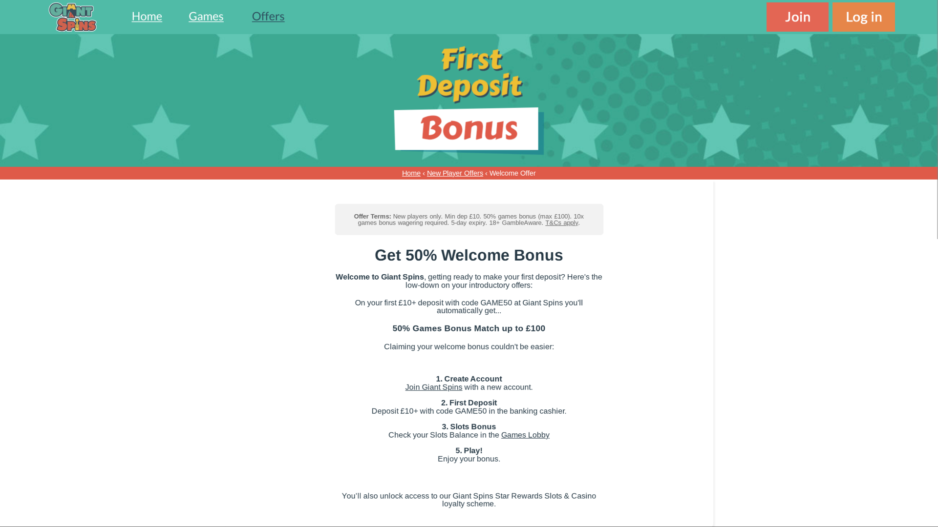 Giant Spins Casino Desktop Promotions