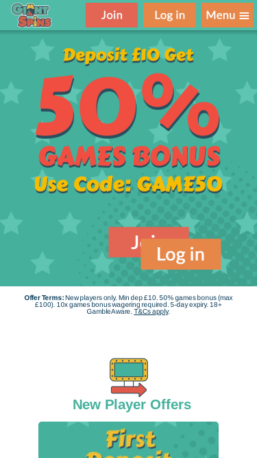 Giant Spins Casino Mobile Homepage